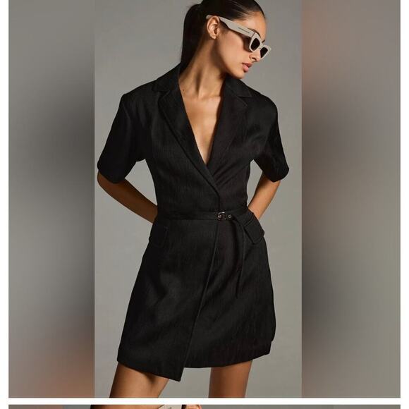 4SI3NNA Lorenzo Short Sleeve Belted Blazer Dress Notch Collar Black Medium - Picture 1 of 15